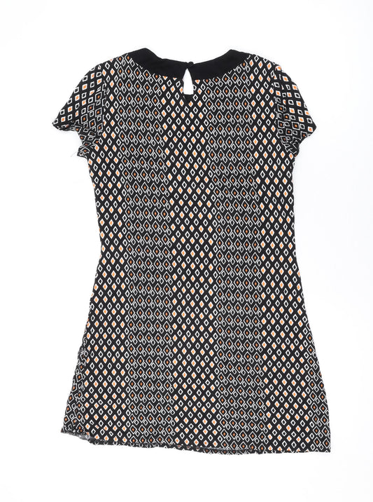 Principles Womens Black Geometric Viscose A-Line Size 12 Scoop Neck Button