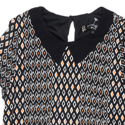 Principles Womens Black Geometric Viscose A-Line Size 12 Scoop Neck Button