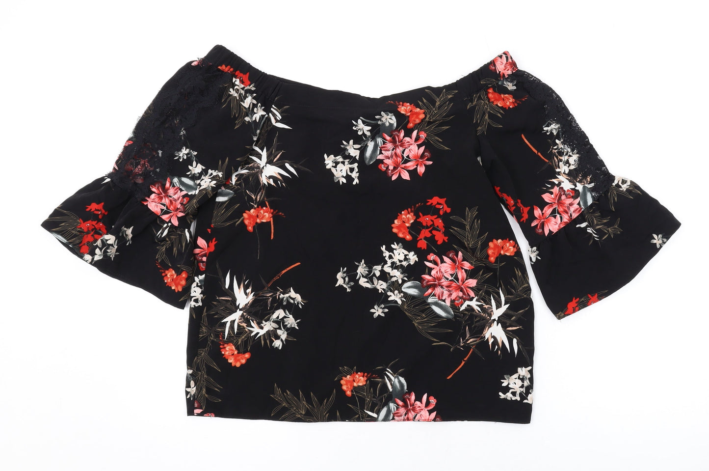 Miss Selfridge Womens Black Floral Polyester Basic Blouse Size 8 Off the Shoulder