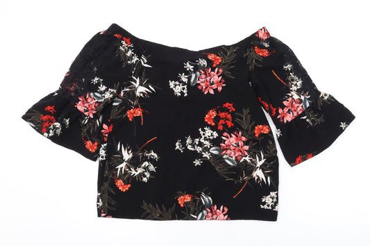Miss Selfridge Womens Black Floral Polyester Basic Blouse Size 8 Off the Shoulder