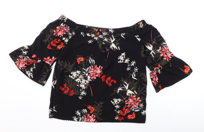 Miss Selfridge Womens Black Floral Polyester Basic Blouse Size 8 Off the Shoulder