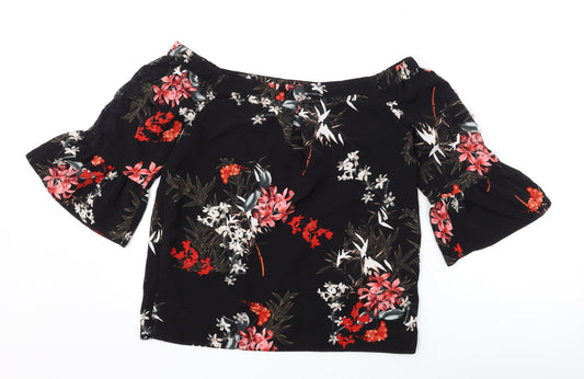 Miss Selfridge Womens Black Floral Polyester Basic Blouse Size 8 Off the Shoulder