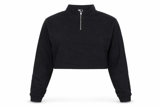 Front view of ASOS women’s black cotton pullover sweatshirt, size UK 6, zip