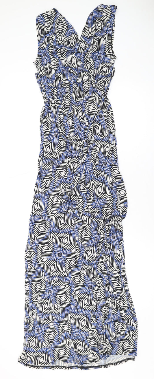 Dorothy Perkins Womens Blue Geometric Viscose Maxi Size 6 V-Neck Pullover