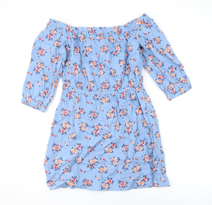 Divided by H&M Womens Blue Floral Cotton Mini Size 12 Off the Shoulder Pullover