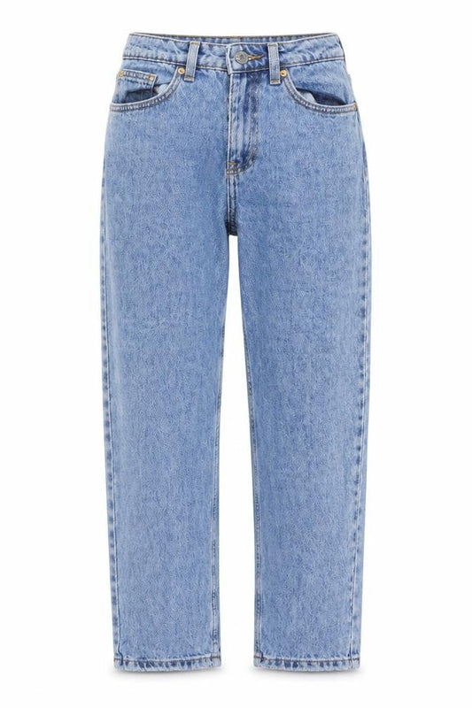 Front view of Denim & Co. women’s blue cotton mom jeans, size UK 8, 28-inch leg regular zip