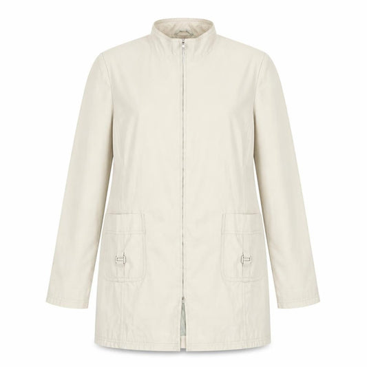 Front view of NuAge women’s beige jacket coat, size UK 10, zip