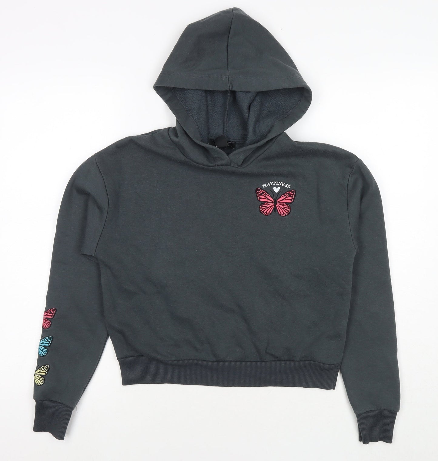 New Look Girls Grey Cotton Pullover Hoodie Size 12-13 Years Pullover - Happiness Butterflies
