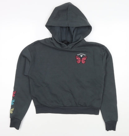 New Look Girls Grey Cotton Pullover Hoodie Size 12-13 Years Pullover - Happiness Butterflies