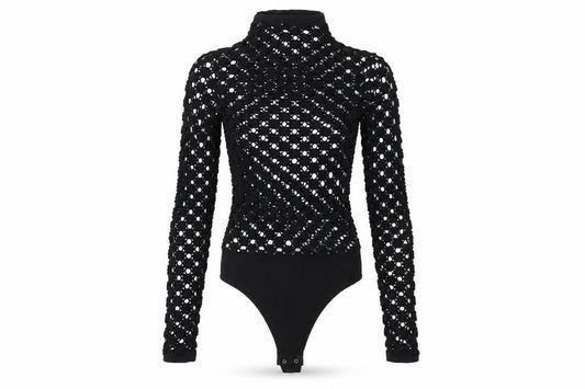 Front view of Free People women’s black nylon bodysuit one-piece, size XS, snap