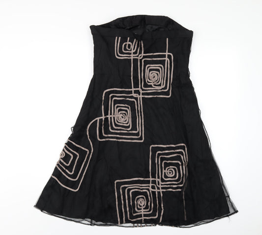 Coast Womens Black Geometric Polyester A-Line Size 14 Square Neck Zip