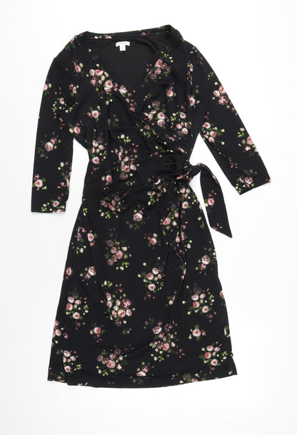 Precis Womens Black Floral Polyester A-Line Size 10 V-Neck Pullover