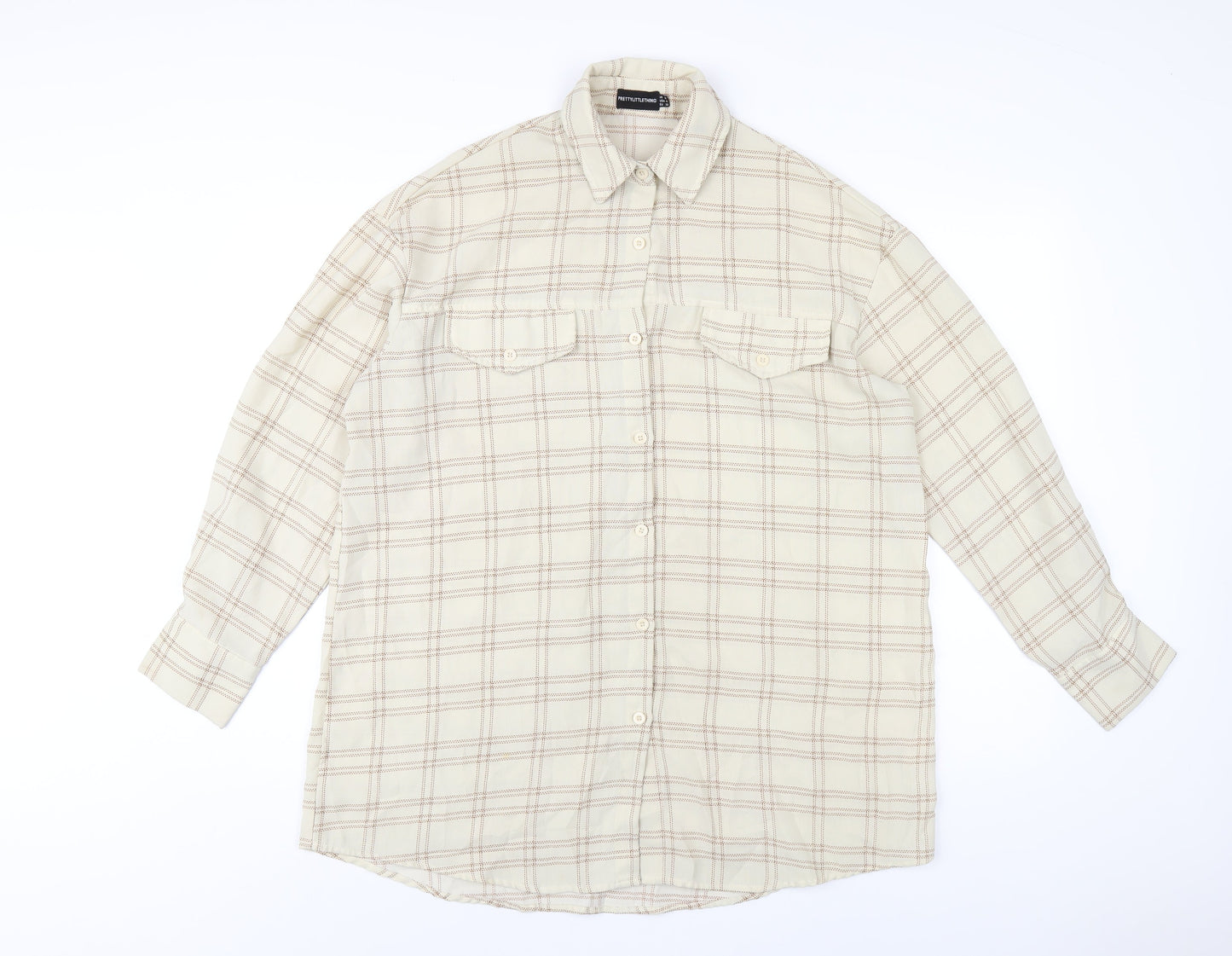 PRETTYLITTLETHING Womens Beige Plaid Polyester Shirt Dress Size 8 Collared Button