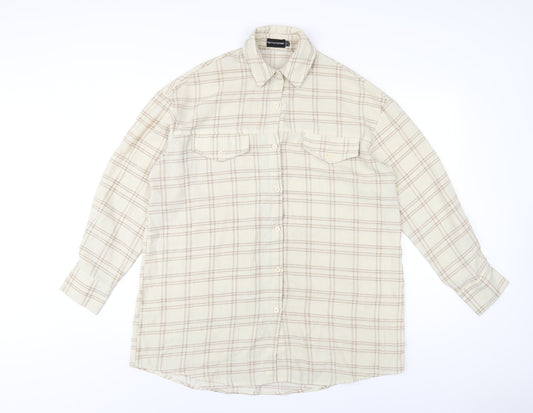 PRETTYLITTLETHING Womens Beige Plaid Polyester Shirt Dress Size 8 Collared Button