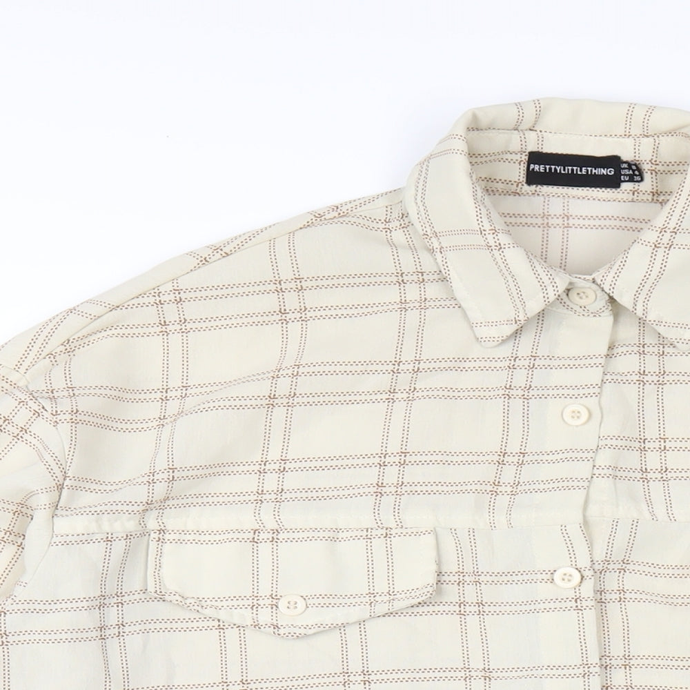 PRETTYLITTLETHING Womens Beige Plaid Polyester Shirt Dress Size 8 Collared Button