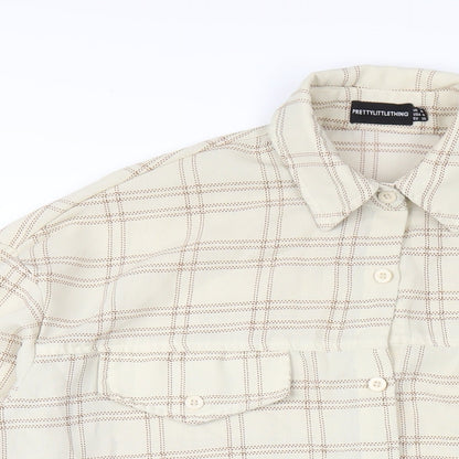 PRETTYLITTLETHING Womens Beige Plaid Polyester Shirt Dress Size 8 Collared Button