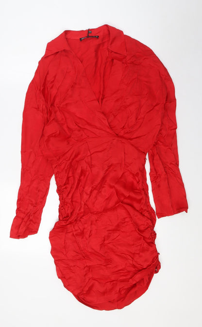 Zara Womens Red Viscose Ball Gown Size S V-Neck
