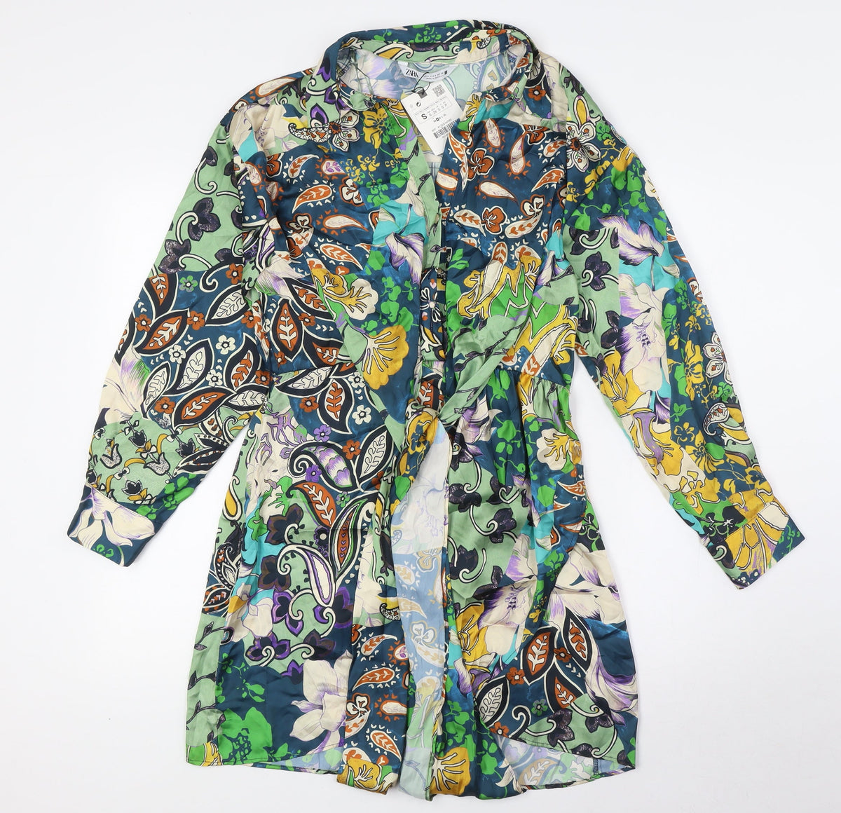 Zara Womens Multicoloured Polyester A-Line Size S Collared - Tie Front