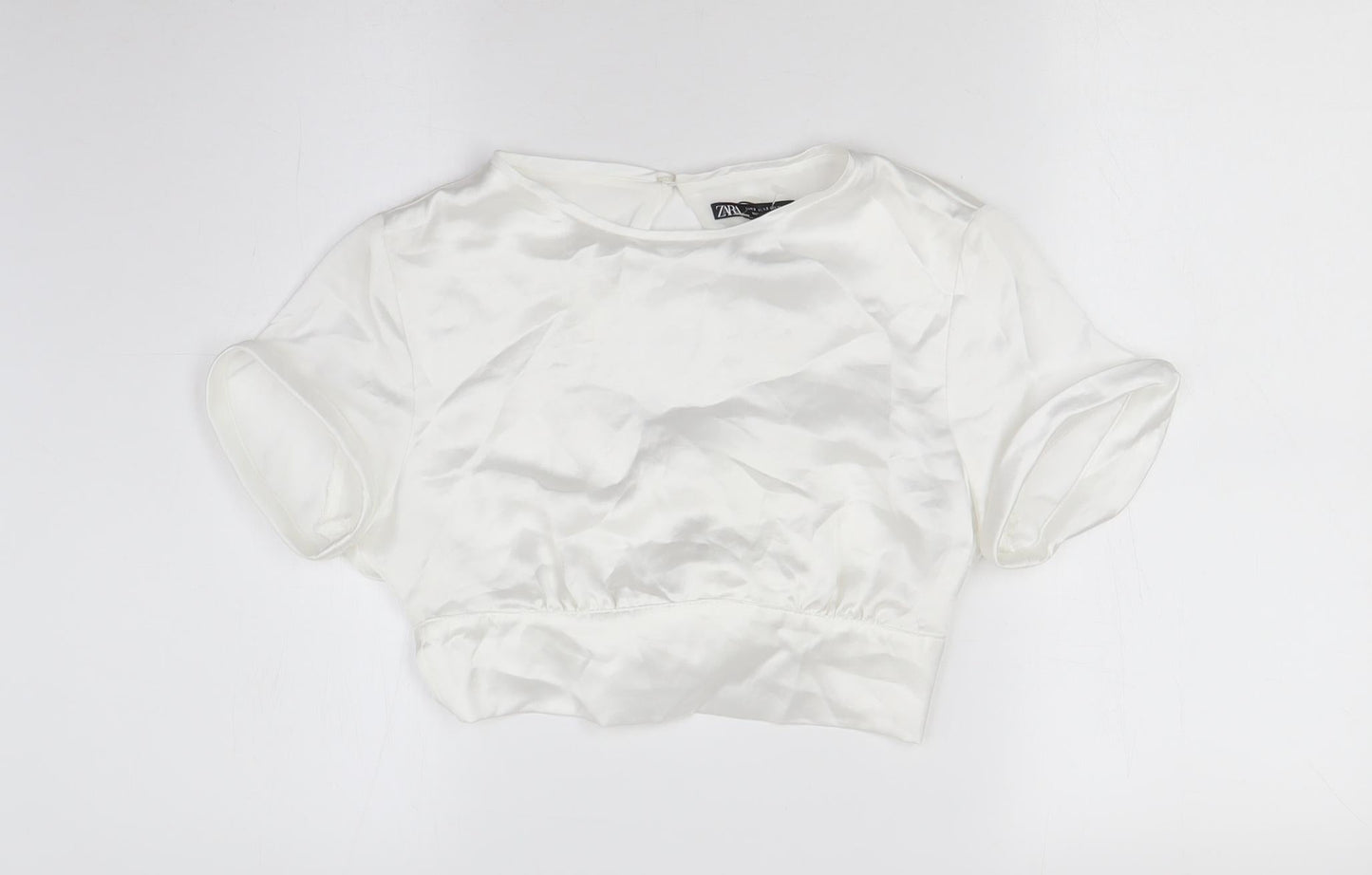 Zara Womens White Polyester Cropped Blouse Size S Round Neck