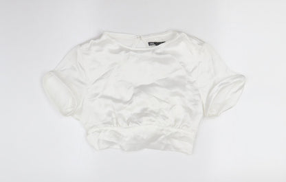 Zara Womens White Polyester Cropped Blouse Size S Round Neck