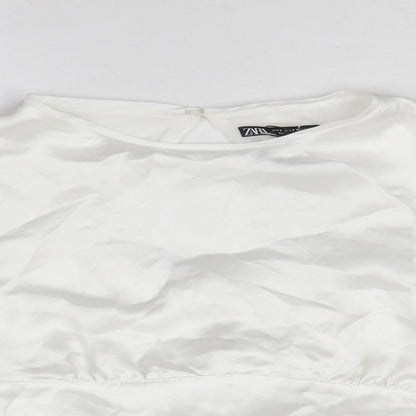 Zara Womens White Polyester Cropped Blouse Size S Round Neck