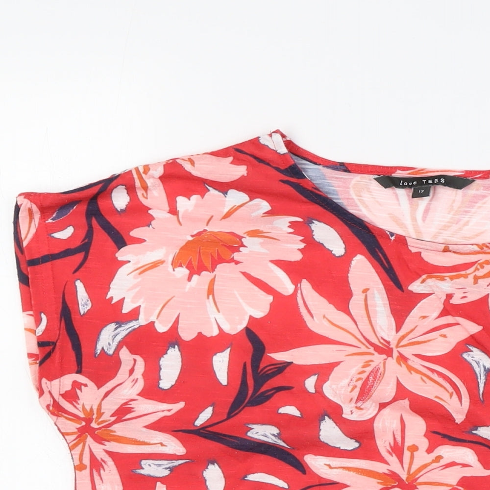 Bonmarché Womens Red Floral Polyester Basic Blouse Size 12 Boat Neck - Elasticated Waist