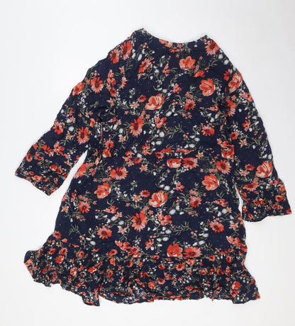 Marks and Spencer Womens Blue Floral Viscose A-Line Size 14 Round Neck Button