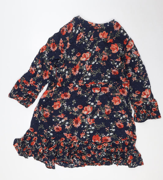 Marks and Spencer Womens Blue Floral Viscose A-Line Size 14 Round Neck Button