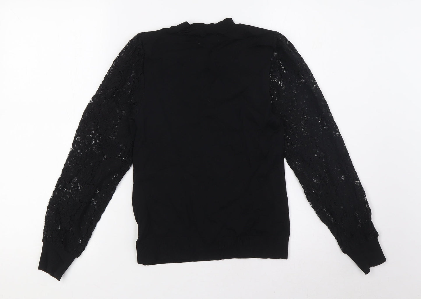 Lipsy Girls Black Viscose Basic Blouse Size 13-14 Years Crew Neck - Lace Sleeves