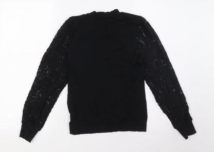 Lipsy Girls Black Viscose Basic Blouse Size 13-14 Years Crew Neck - Lace Sleeves
