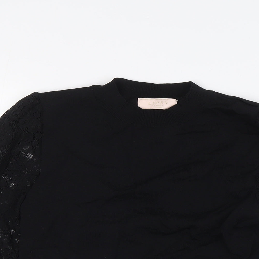 Lipsy Girls Black Viscose Basic Blouse Size 13-14 Years Crew Neck - Lace Sleeves