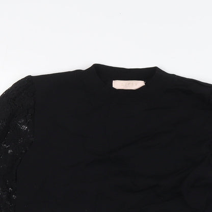 Lipsy Girls Black Viscose Basic Blouse Size 13-14 Years Crew Neck - Lace Sleeves