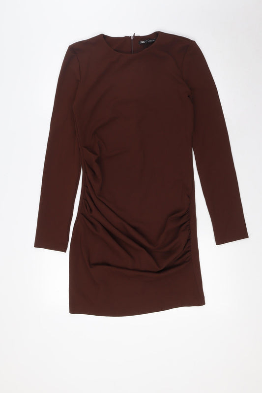 Zara Womens Brown Polyester Shirt Dress Size S Boat Neck Zip