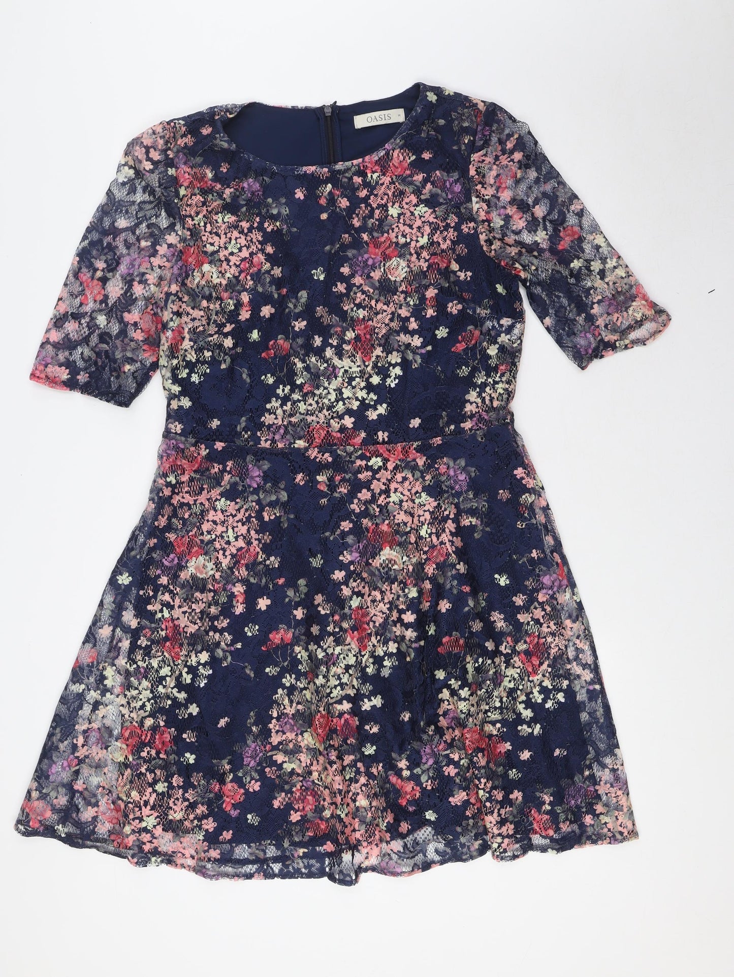 Oasis Womens Multicoloured Floral Polyester A-Line Size M Boat Neck Zip