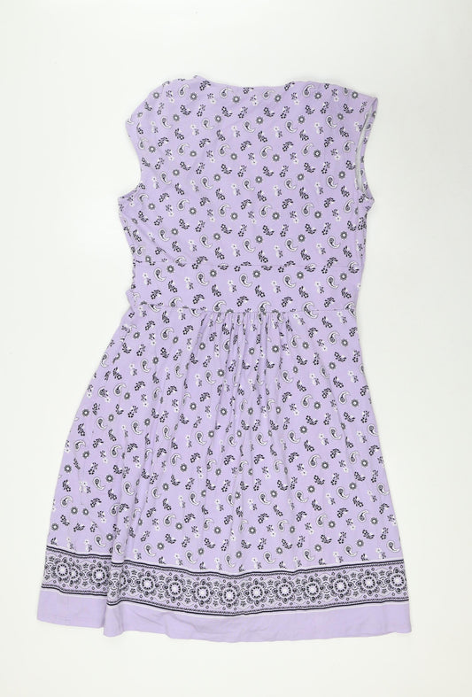 Lands' End Womens Purple Paisley Cotton A-Line Size L V-Neck