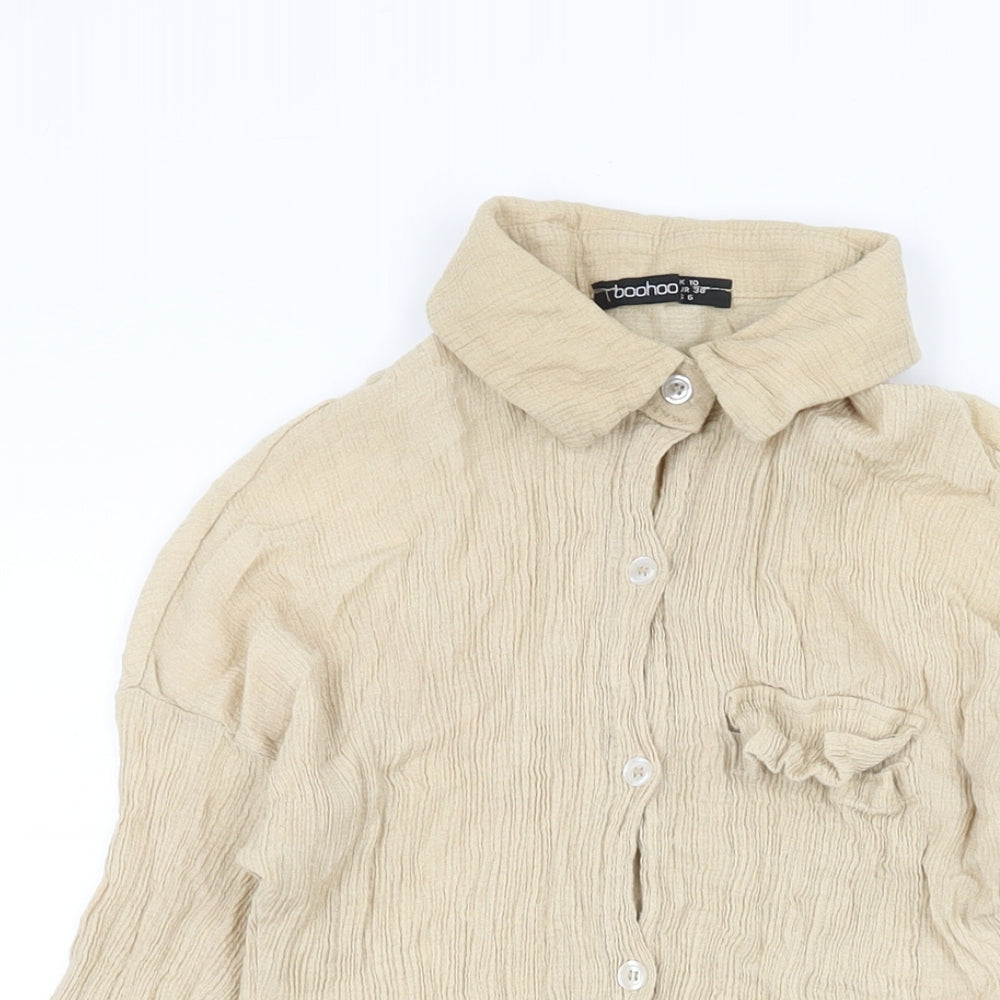 Boohoo Womens Beige Viscose Basic Button-Up Size 10 Collared