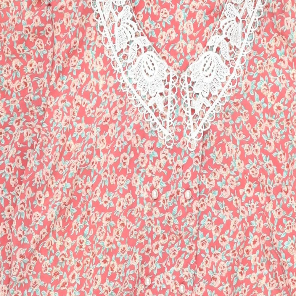 Debenhams Womens Pink Floral Polyester A-Line Size 12 Collared Button