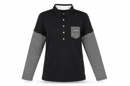 Daily Sports Womens Black Striped Polyester Basic T-Shirt Size S Collared