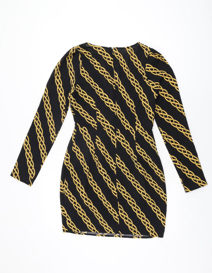 FOREVER 21 Womens Black Geometric Polyester Bodycon Size S V-Neck Zip