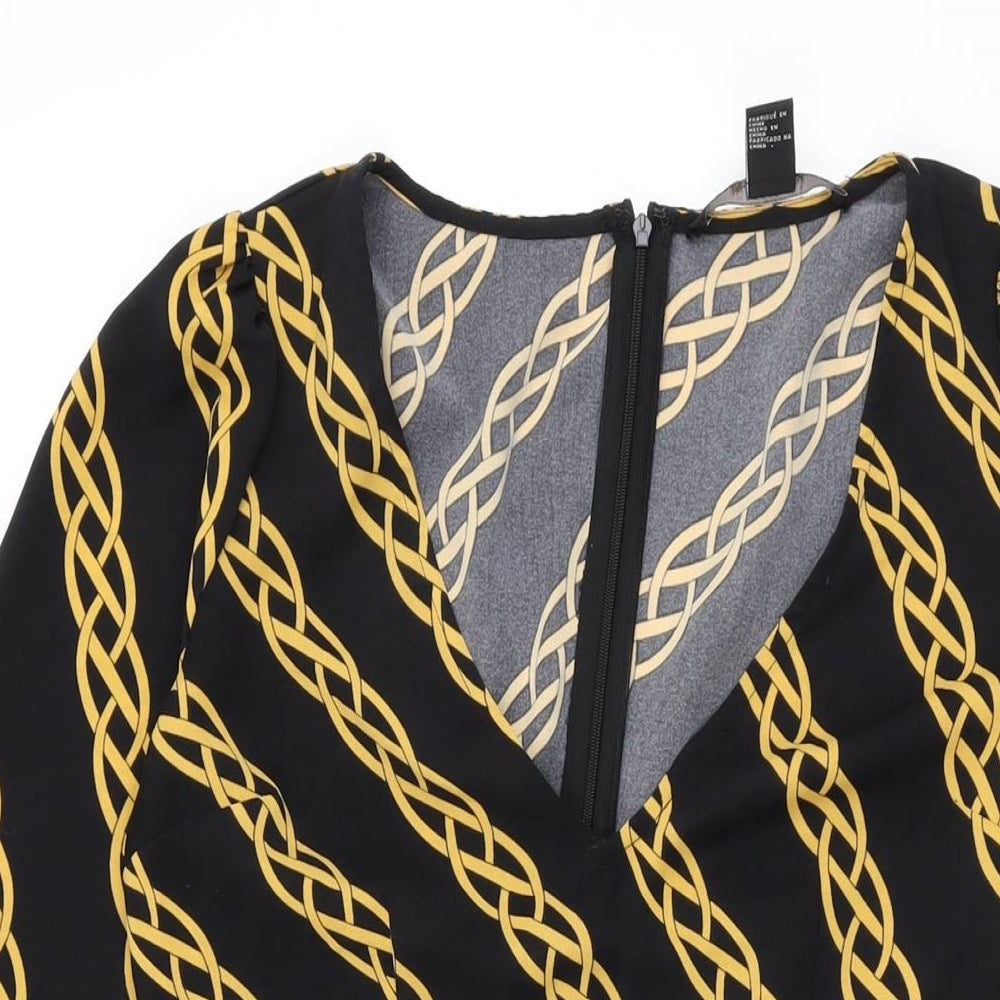 FOREVER 21 Womens Black Geometric Polyester Bodycon Size S V-Neck Zip