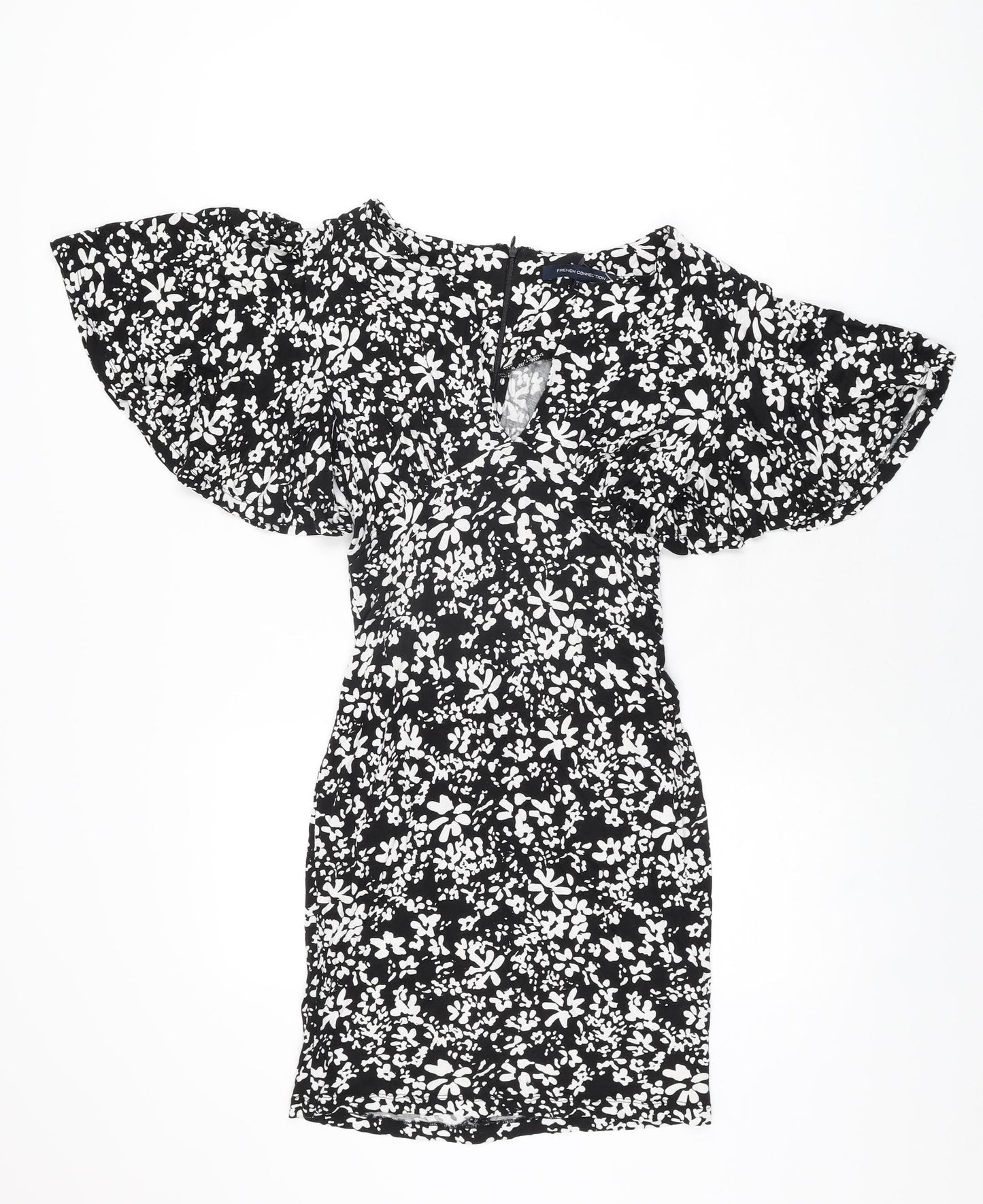 French Connection Womens Black Floral Viscose Mini Size 8 V-Neck Zip
