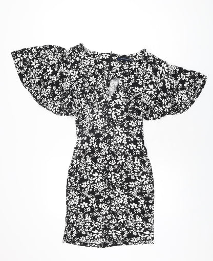 French Connection Womens Black Floral Viscose Mini Size 8 V-Neck Zip