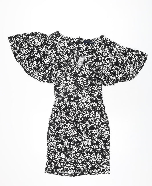 French Connection Womens Black Floral Viscose Mini Size 8 V-Neck Zip