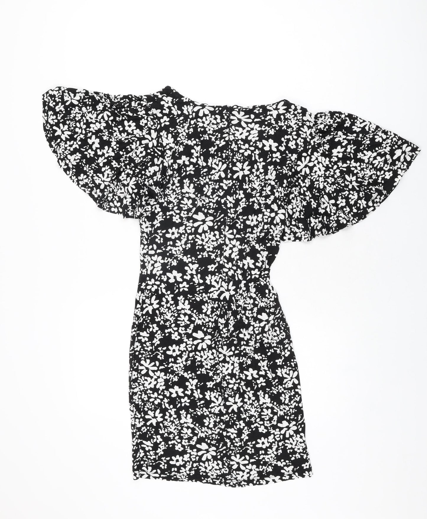 French Connection Womens Black Floral Viscose Mini Size 8 V-Neck Zip