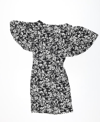 French Connection Womens Black Floral Viscose Mini Size 8 V-Neck Zip