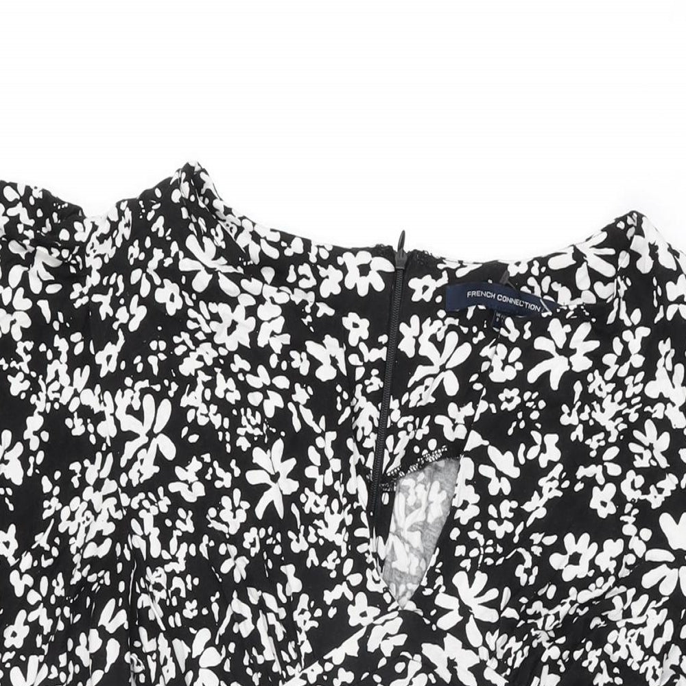 French Connection Womens Black Floral Viscose Mini Size 8 V-Neck Zip