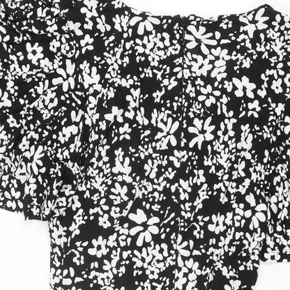 French Connection Womens Black Floral Viscose Mini Size 8 V-Neck Zip