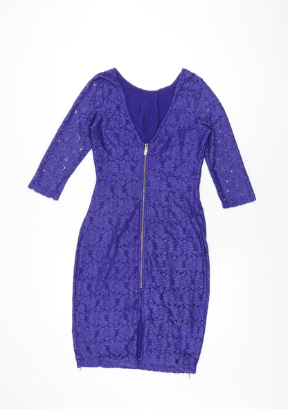 Dorothy Perkins Womens Blue Floral Cotton Bodycon Size 8 Round Neck Zip