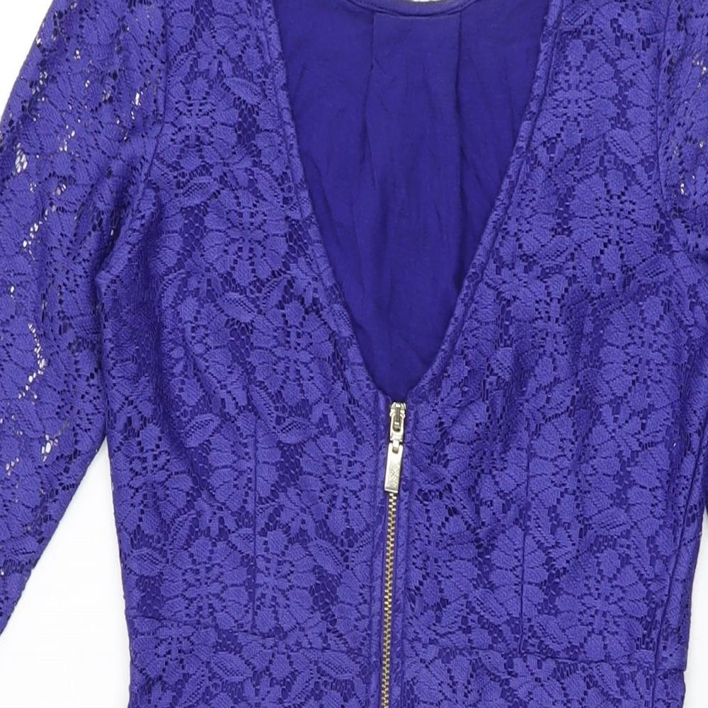 Dorothy Perkins Womens Blue Floral Cotton Bodycon Size 8 Round Neck Zip