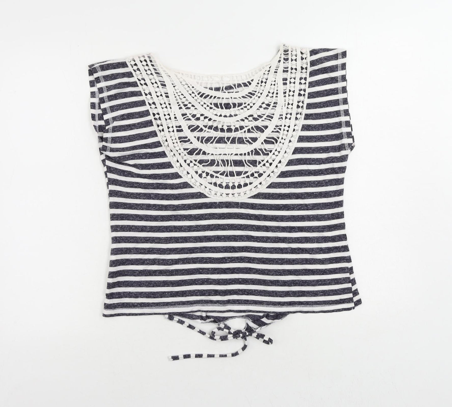 Aniston Womens Blue Striped Cotton Basic T-Shirt Size 14 Round Neck - Crochet Detail